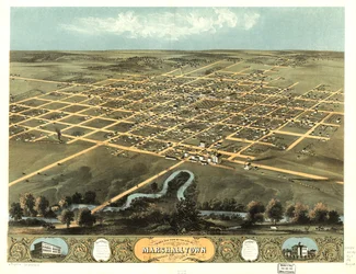 Fågelperspektiv över staden Marshalltown, Marshall Co, Iowa 1868. LOC 73693402