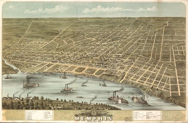 Fågelperspektiv över staden Memphis, Tennessee 1870. LOC 73694530