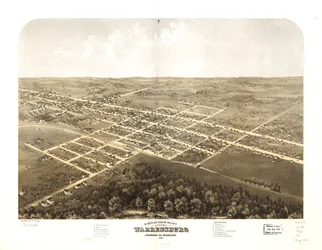 Fågelperspektiv över staden Warrensburg, Johnson Co, Missouri 1869. LOC 73693492