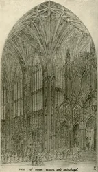 Arkitektonisk ritning: utsikt över orgelskärm och antikapel, 1833-1834, 1906.