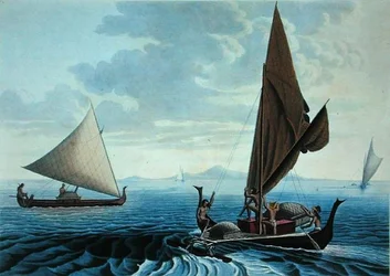 Utsikt över ön Tinian: Dugout-kanoter från Carolineöarna, från 