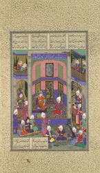 Manuchihr välkomnar Sam men beordrar krig mot Mihrab, Folio 80v från Shahnama..., c.1525.