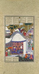 Zal ifrågasätter Sams avsikter angående huset Mihrab, Folio 81v..., ca. 1525-30.
