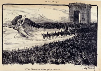 Första världskriget: ”Det är själen hos ett folk som passerar”. Firande den 14/07/1915. Republikens allegori leder folket framför Triumfbågen i Paris. Teckning av Abel Truchet (1857-1918)