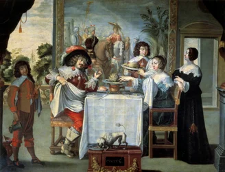 Fem sinnen, smak av anonym målare, kopia av gravyr av Abraham Bosse (1602-1676), olja på duk - "De fem sinnena: smaken" Scene de smakar på en raffinerad måltid bestående av meloner, kronärtskockor, i ett vackert adelshem. Målning av Abraham Bosse (1602