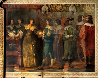 Scen av Charles de Valois (1573-1650), hertigen av Angouleme - Festscen ges i samband med Charles de Valois äktenskap med hans andra fru 1644 - En kvinna, kontaktad av en hovman, griper för att sätta henne krage - Fresco av Abrah