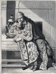 Mannen fylld med illvilja: en man med en dubbel kappa av kvinnohuvuden mediterar med en apa vid sin sida. Reproduktion av ett tryck av Abraham Bosse (1604-1676).