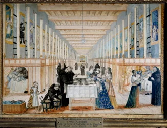 Utsikt över Sjukhuset i Charite (Charity Hospital även kallat Bros Hospital of Saint-Jean-de-Dieu), i Paris, under ett besök av Anne av Österrike (1601-1666), spädbarn av Spanien, drottning av Frankrike och Navarra. blivande kung delfin Ludvig XIV är också