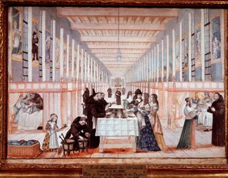 Besök av Anne av Österrike på Hospital of the Sisters of Charity. Med delfinen (senare Ludvig IV) (gouache, ca 1640)