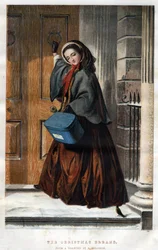 Jullopp: en elegant ung kvinna knackar på dörren till ett hus med ett paket i handen, illustration från en teckning av Abraham Solomon (1824-1862)