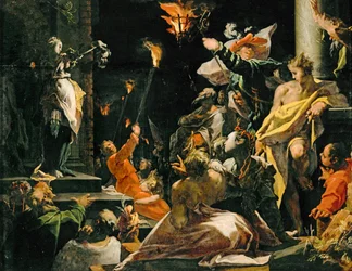 Judith visar Holofernes huvud för folket (målning på ek)