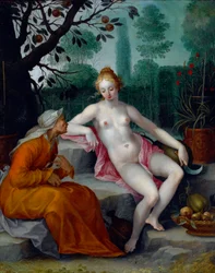 Vertumnus och Pomona (årstidernas gud förkläder sig till en gammal kvinna för att komma in i nymfens fruktträdgård) - Målning av Abraham Bloemaert (1566-1651), olja på koppar, cirka 1605 - (Vertumnus och Pomona, av Abraham Bloemaert , olja på koppar, c1605