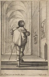En gentleman sedd bakifrån gå in i en kyrka, ca. 1629.