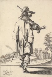 En herre, sedd bakifrån, med höger arm utsträckt och en mantel över vänster s..., 1629.