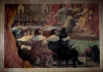 En teatralisk representation på 1600-talet på Chateau de Grosbois-målningen av Abraham Bosse (1602-1676)