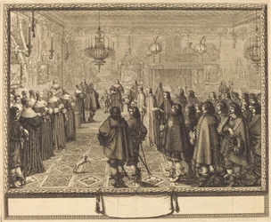 Ceremoni för äktenskapskontraktet mellan Vladislas IV, kung av Polen, och LouiseMarie av Gonzaga, prinsessan av Mantua, i Fontainbleau