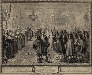Ceremoni för äktenskapskontraktet mellan Wladyslaw IV, kung av Polen och Marie Louise Gonzaga.
