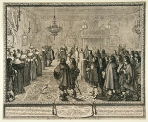 Ceremoni för överlämnande av äktenskapskontraktet mellan Władysław IV och Marie Louise Gonzaga i Fontainebleau.