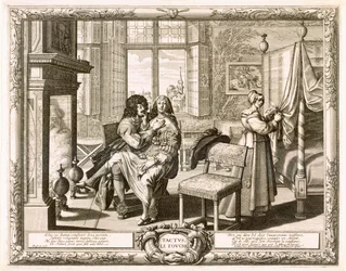 Man med hustru sittande på knä vid eldstaden, Bosse, Abraham (1602-76)