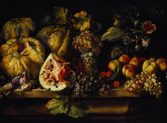 Stilleben av vattenmelon, vindruvor, plommon, persikor, körsbär och annan frukt på en avsats