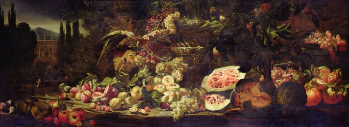 Stilleben av frukt med en grön papegoja och en silvervas