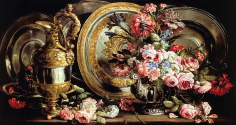 Stilleben med silver och blommor, av Abraham Brueghel (1631-1697), olja på panel