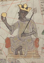 Detalj ur Katalanska atlasen, blad 6, med Mansa Musa på tronen, 1375