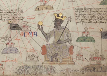 Detalj ur Katalanska atlasen, blad 6, som visar Mansa Musa på tronen, 1375