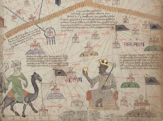 Detalj från den katalanska atlasen, blad 6, som visar Västsahara och Mansa Musa, 1375