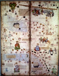 Kartläggning: Karta över Cathay (Catai) antika namn på mongoliska Kina i Centralasien och Europa. Det finns: Delhi (Indien), med Aralsjön, Volgafloden, Kaspiska havet, Kaukasus, Eufrat, Arabiska halvön och städerna Dehli (Indien) (med t.