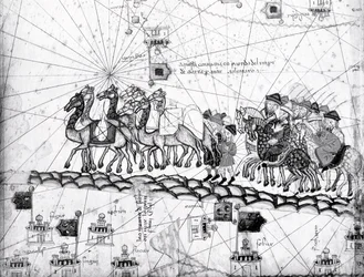 Ms Esp 20 panel 4, Köpmän som reser till Cathay, Kina, följer i Marco Polos fotspår, detalj som visar Marco Polos familj som reser med kamelkaravan, från Catalan Atlas publicerad för Charl