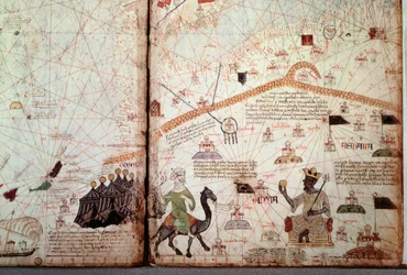 Gibraltarsundet och Nordafrika markerade med morernas flaggor; till höger Malis kung Kanga Moussa (Kankou Moussa eller Kankan Moussa eller Mansa Moussa), som visar den gyllene globen. Detalj ur Katalanska världskartan (katalansk karta), illuminerad av