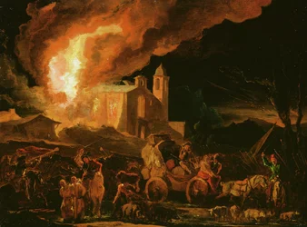 Soldater plundrar ett brinnande kloster (olja på panel)