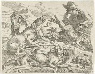 Fyra hundar, en jägare och en hare