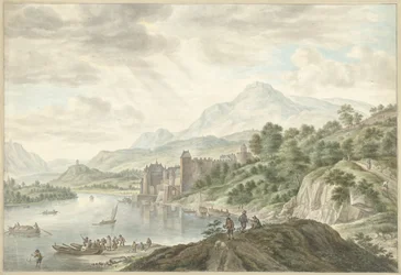 Kuperat landskap med ett slott vid en flod