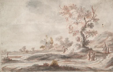 Landskap med gamla träd och figurer