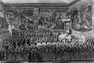 Först av den franska revolutionen: Rättvisans säng som hölls i Versailles den 6 augusti 1787 av kungen av Frankrike Ludvig XVI (1754-1793). Teckning och gravyr av Abraham Girardet. Paris, biblioteket vid Institutet för revolutionshistoria