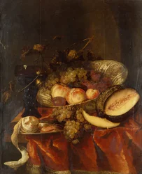 Frukt i en Wanli Kraak porslinsskål med en tallrik av glas, melon och tenn (olja)