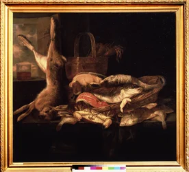 "Stilleben med fiskar och en död hare" Målning av Abraham Hendricksz van Beyeren (1620/21-1690) (ec. holl.) 1600-tals Pushkin-museet, Moskva