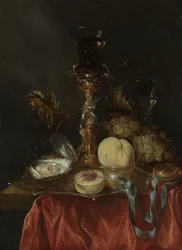 Stilleben med silverförgylld glashållare, ca 1654-1660 (olja på pannå)