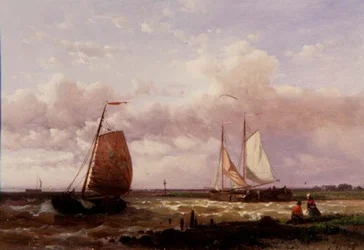 En kustscen med fiskebåtar (olja på panel)