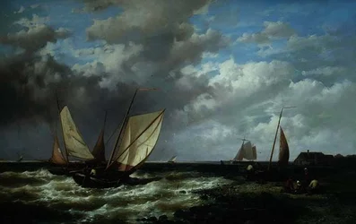 Kustlandskap med fiskefartyg