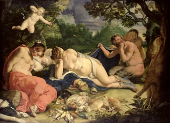 Sovande Diana och nymfer, besökta av satyrer, 1620