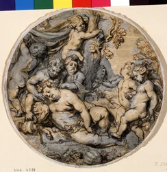 ""Bacchus endormi"" (Sovande Bacchus) Han är omgiven av putti, satyr Bläckteckning av Abraham Jansz van Diepenbeeck (1596-1675) 1600-tals Pushkin-museet, Moskva