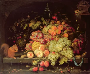 Stilleben med frukt, ekorre och steglits