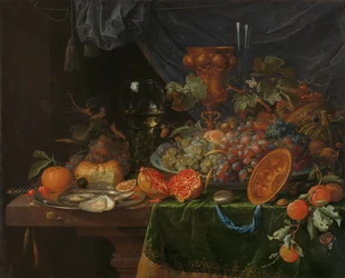 Stilleben med frukt och ostron