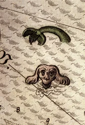Ett marint monster har ett hundhuvud och en fiskkropp. Detalj av en karta i "Theatrum Orbis Terrarum" av Abraham Ortelius, Antwerpen 1584.