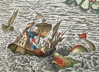 Ett skepp attackeras av ett sjöodjur från Typus orbis terrarum, av Abraham Ortelius