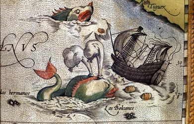 En val attackerar ett skepp. Tallrik från en upplaga av "Theatrum Orbis Terrarum" av kartografen Abraham Ortelius (1527-1598)