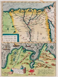 En nyare beskrivning av Egypten. - Carthage Bay Typ Geografikarta över Egypten med städerna Nilen och Kartago (Tunisien) från "Theatrum Orbis Terrarum" av Abraham Ortelius (Oertel, Ortell eller Ortel